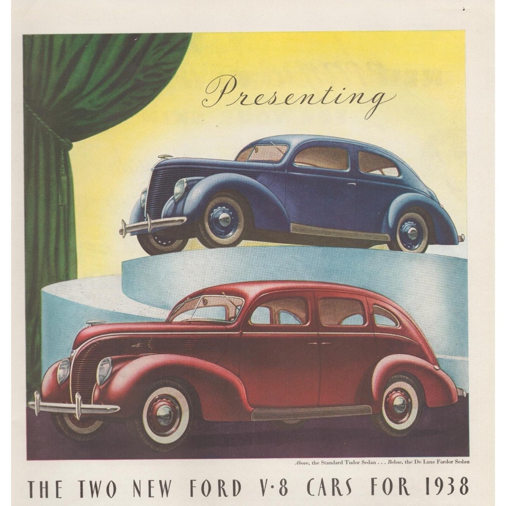 Vintage 1938 Ford V-8 Cars Print Ad Standard Tudor De Luxe Fordor Sedans